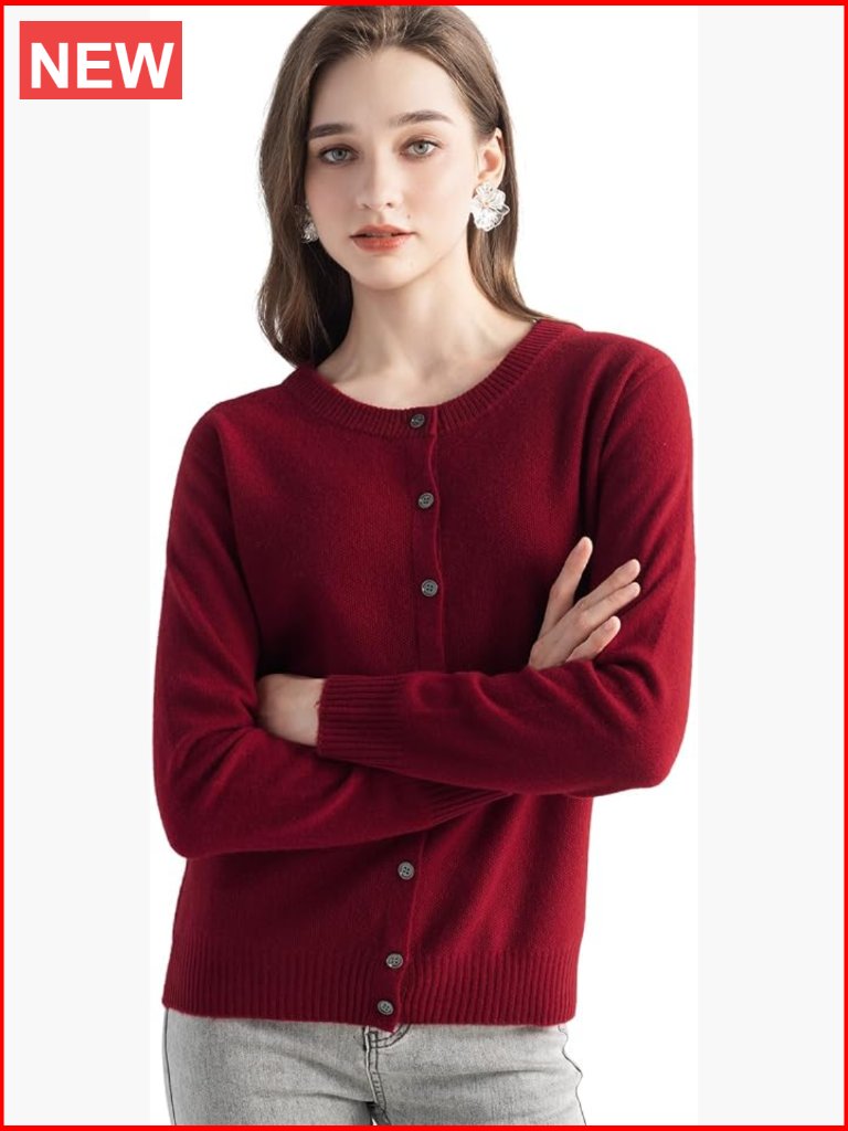 100% Cashmere Cardigan Crew Neck Long Sleeve Seamless Knit